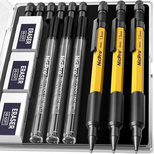 Nicpro 3 PCS 1.3 mm Mechanical Pencil Set with 36 Lead Refill, 3 Eraser - Weatherproof Metal Barrel, Heavy Duty Carpenter Pencil MP2000 for Outdoo...