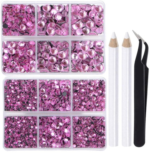 LPBeads 6400 Pieces Hotfix Rhinestones Pink Flat Back 5 Mixed Sizes Crystal Round Glass Gems with Tweezers and Picking Rhinestones Pen...