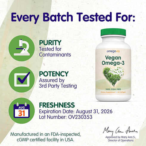 OmegaVia Vegan Omega 3 Supplement, 60 Softgels, Algae Omega 3 Fish Oil Alternative, 300mg Vegan DHA Omega-3 Fatty Acids, Plant Based, Planet and O...