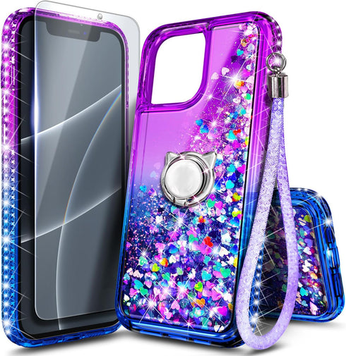 NGB Designed for iPhone 12 Mini Case, Purple/Blue | Glitter Liquid Sparkle Cute Cover for Women Girls Kids | with Tempered Glass Screen Protector ...