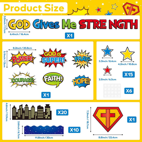 Hero Christian Bulletin Board - 87Pcs Back to School Bible Verse God Gives Me Strength Classroom Decoration, Hero Theme Stars Cutouts Buildings Bo...