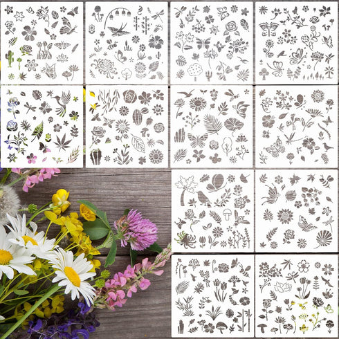 12 Set 288 Pcs Flower Stencils for Painting on Wood DIY Craft Painting, Small Reusable Plants Flower Templates Stencils for Paper Scrapbooking Wal...