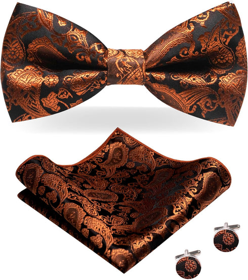 Mens Paisley Tie and Pre-tied Paisley Bow Tie with Pocket Square Cufflinks Clip Set...