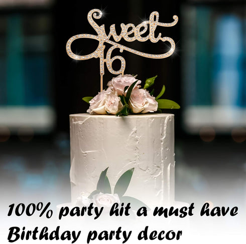 Sweet 16 Cake Topper for 16 Years Birthday Or 16th Wedding Anniversary Crystal Rhinestone Party Decoration Silver (Gold)...
