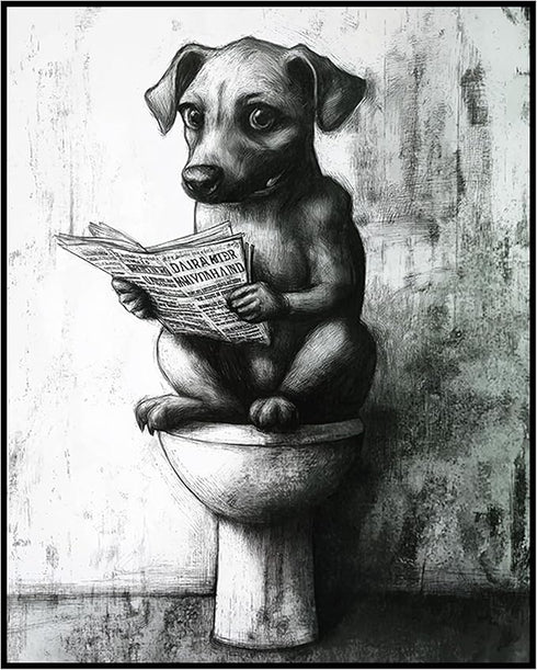 Posterizer 1 pcs-drawing style art-funny dog on toilet reading newspaper 5-Bathroom Restroom Art-Art for Animal Lovers-Decor for Home & Office- un...