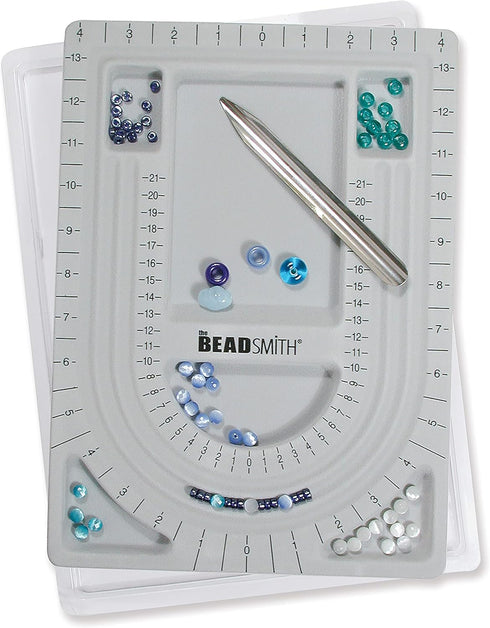 The Beadsmith Bead Board with Cover, Grey Flocked, 3 U-Shaped Channels, 6 Recessed Compartments,13.25H x 9.75L inches, Design Boards for Creating ...