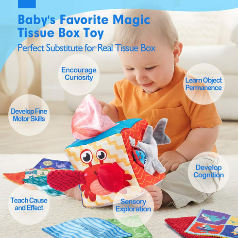 hahaland Baby Tissue Box Toy - Baby Toys 6-12 Months Montessori Toys for 6 Month Old Toys with Textured Tails, Cloth Tissues, Crinkle, Squeaky Sou...