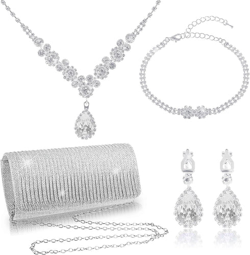 4 Pieces Rhinestone Jewelry Set with Purse for Women Sliver Bling Prom Crystal Jewelry Set With Glitter Rhinestone Necklace Choker Bangle Dangle E...
