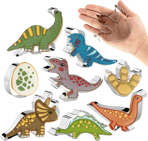 Pack of 8 Dinosaur Cookie Cutters – Stainless Steel T-Rex Dinosaur Footprint Triceratops Stegosaurus Dinosaur Egg Brontosaurs Shapes Baking Cutter...