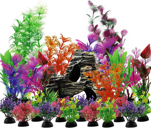 Aquarium Decorations Plants with Rockery View, 25pcs Aquarium Decor Plants and Rock Cave Hideout Ornaments, Fish Tank Accessories, Fish Tank Plant...