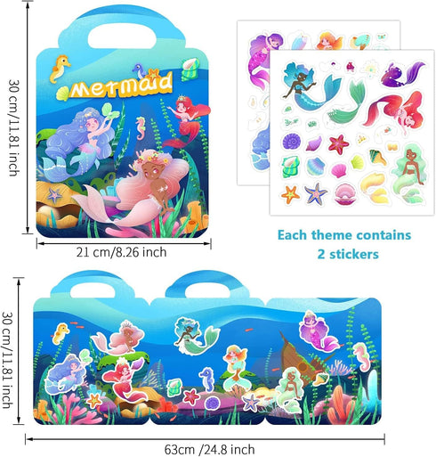 2 Pack Reusable Sticker Book, Princess and Mermaid Stickers for Kids Activity Travel Removable Sticker Books for Girls Boys Educational Learning T...