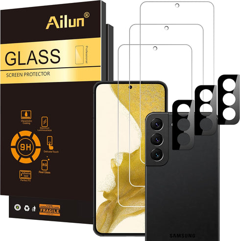 Ailun Glass Screen Protector for Galaxy S22+/S22 Plus 5G 6.6 Inch Display 3Pack + 3Pack Camera Lens Tempered Glass Fingerprint Unlock 0.25mm Clear...