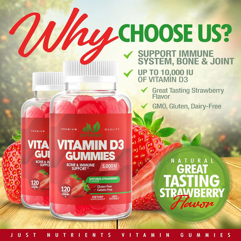 Vitamin D3 5000IU / 10,000IU Gummies for Adults & Kids (120 Count) - Immune System, Bone & Joint Support - Gluten-Free, Non-GMO, 100% Vegetarian, ...