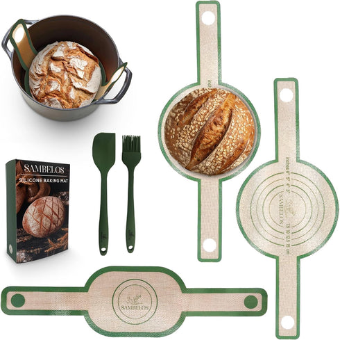 Silicone Bread Sling 5 PCS Gift Set- Set Includes 3 Green Silicone Bread Sling Oval and Round,1 Brush,1 Spatula. Non-Stick Sourdough Silicone Brea...