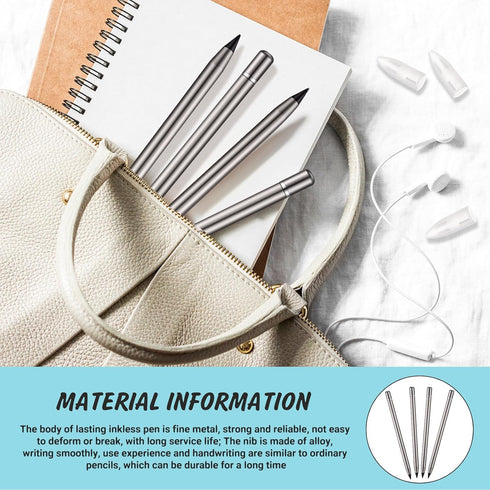 4 Pcs Metal Inkless Pen Inkless Erasable Pencil Metallic Pencil No Ink Aluminum Metal Pencil with Eraser for Writing Drafting Drawing Home Office ...