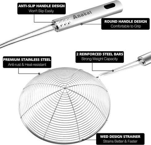 Anaeat 5.3" Stainless Steel Spider Strainer Skimmer, Professional Kitchen Pasta Strainer Spoon with Long Handle - Asian Strainer Ladle Wire Skimme...