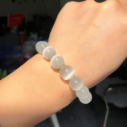 Yochus 8mm White cat-Eye Round Loose Beads Natural Stone Beads for Jewelry Making...