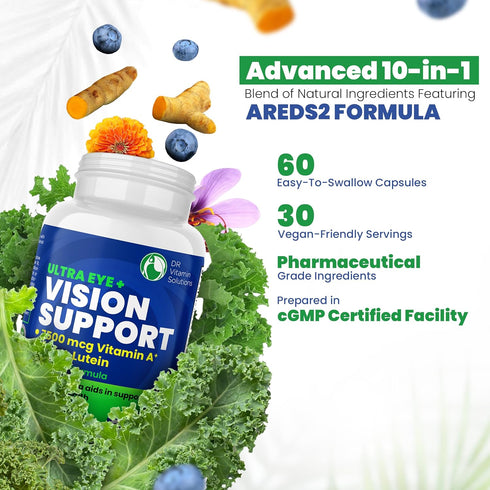 Vision Support Eye Vitamins for Macular Health | Eye Care Supplements with Lutein, Zinc, Vitamin A & Bilberry | Areds 2 Formula for Red & Dry Eyes...