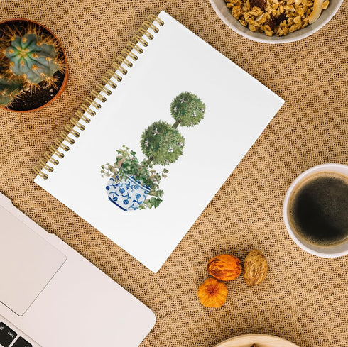 Blue and White Porcelain Spiral Notebook, Chinoiserie Journal, Green Topiary Trees 5.5"x8.3" 164pages Lined Notebooks College Ruled, Preppy Vintag...