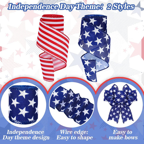 Whaline Patriotic Wired Edge Ribbon 2 Rolls Stars Stripes Craft Ribbon 4th of July USA Flag Fabric Ribbon for Independence Day Memorial Day Wreath...
