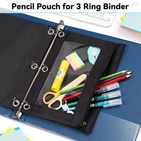 V-Opitos Pencil Pouch for 3 Ring Binder, 2 Pack Sky Blue 3-Holes Zipper Pencil Pouches, Sturdy and Durable Cloth Pencil Case with Clear Window for...