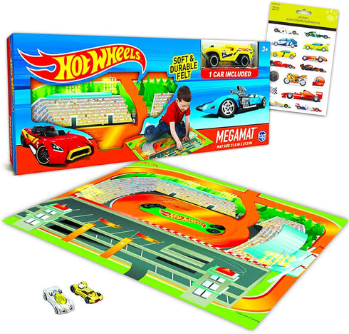 Hot Wheels Mega Mat with Vehicle - Bundle with Hot Wheels Playmat with Vehicle and 4 Racecar Sticker Sheets (Hot Wheels Playset)...