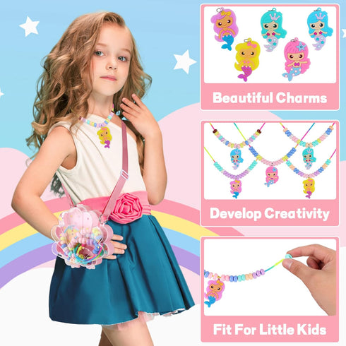 FLYINGSEEDS Mermaid Necklace Making Kit for Little Girls, Beads Jewelry Toys with Shoulder Box, Beaded Arts and Crafts Best Gifts for Toddlers Kid...