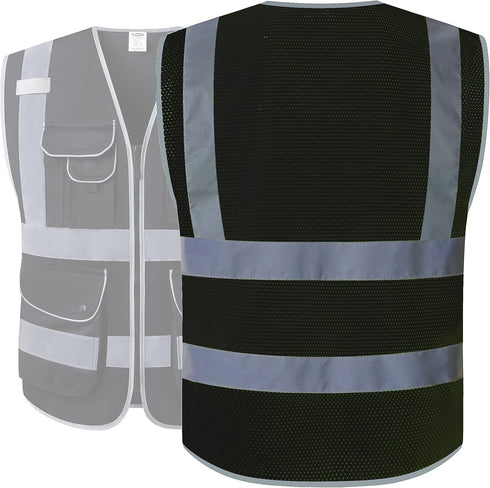 JKSafety 9 Pockets High Visibility Safety Vest for Men and Women, Hi-Vis Reflective Black Safety Vests with Zipper Front, Meet ANSI/ISEA Standards...
