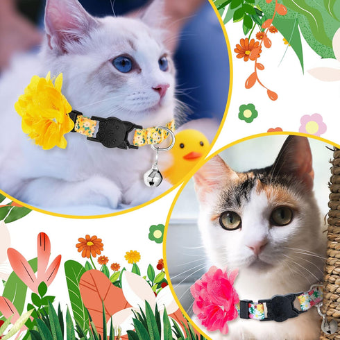 Weewooday 4 Pcs Spring Cat Collar for Girl Cats Gir Cat Collars Flower with Bell and Removable Floral Flower Patterns Adjustable Collar for Pets H...