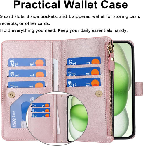 Jaorty for Apple iPhone 15 Plus Phone Wallet Case for Women with Card Holder,Crossbody iPhone 15 Plus Case with Strap Lanyard,Zipper Pocket Magnet...