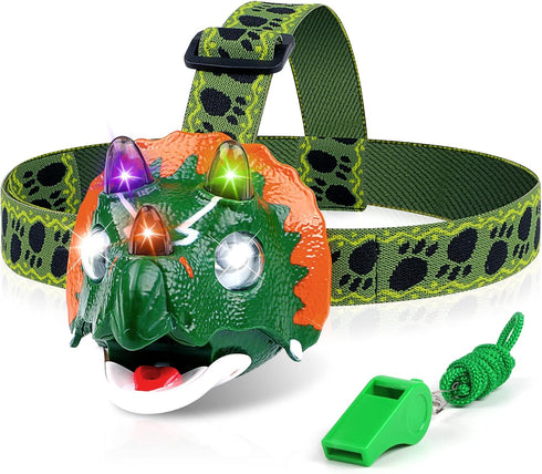 Dinosaur Headlamp with Whistle for Kids Camping Gear - Triceratops Toys Headlight Flashlight for 3 4 5 6 7 8 9 10 Years Old Boys Girls, Perfect fo...
