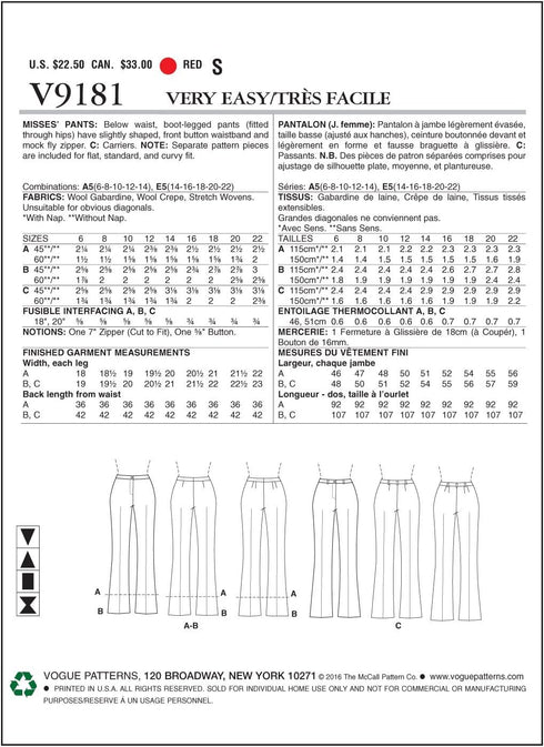 Vogue Patterns Misses' Custom-Fit Boot cut Pants, 14-16-18-20-22, Red...