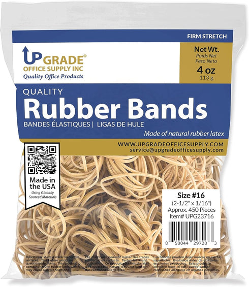 Upgrade Office Supply UPG23716 Rubber Bands, Size #16 (2-1/2" x 1/16"), 1/4 lb. Bag, Approx. 450 Bands, Natural Crepe, Made in USA...