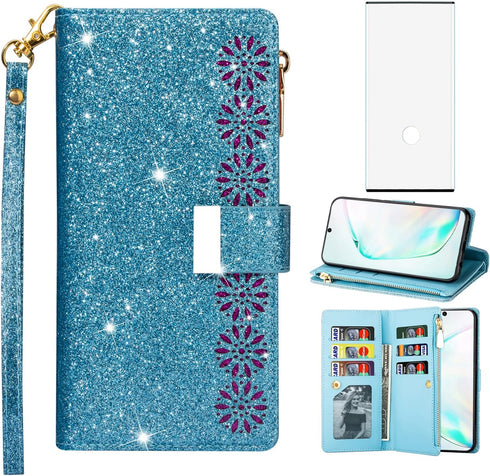 Phone Case for Samsung Galaxy Note 10 Plus Note10+ 5G Wallet Cover with Screen Protector and Wrist Strap Bling Glitter Flip Zipper Card Holder Cel...