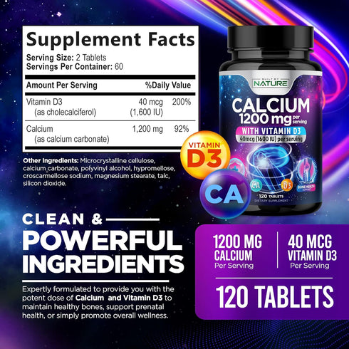 Calcium 1200mg with Vitamin D3 for Best Absorption - Advanced Bone Support Supplement, 1200 mg Calcium Carbonate & 1600 IU Vitamin D3, Slow Releas...