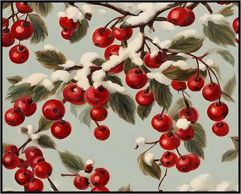Posterizer 1 pcs-berries in snowy winter scene-oil painting style -8-Holiday Poster Collection-Landscape & Nature Art-Living Room Bedroom Decor- u...