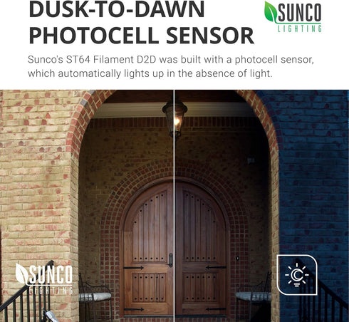 Sunco Lighting - 2 Pack Dusk to Dawn Light Bulbs LED Edison 2700K Soft White, CRI90 7W Equivalent 60W, Vintage Style ST64 Extra Bright Automatic B...