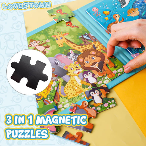 LovesTown Magnetic Travel Puzzles Book, Animal Wooden Magnetic Puzzles for Toddlers Learning Magnetic Puzzles for Road Trip...