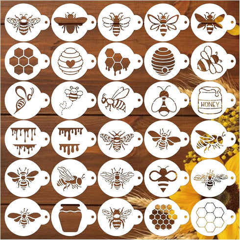 Bee Stencils for Cookie Coffee, Honeycomb Stencils for Crafts Reusable Wood Burning Drawing Art Flower Paint Stencils and Patterns for Wall Cake C...