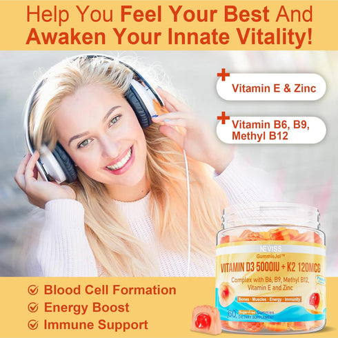 Vitamin D3 5000IU + K2 (MK-7) 120mcg, Sugar-Free Vitamin D3 K2 Filled Gummies with Vitamin B Complex - Methyl B12, B9, B6 | Vitamin E & Zinc, MCT ...