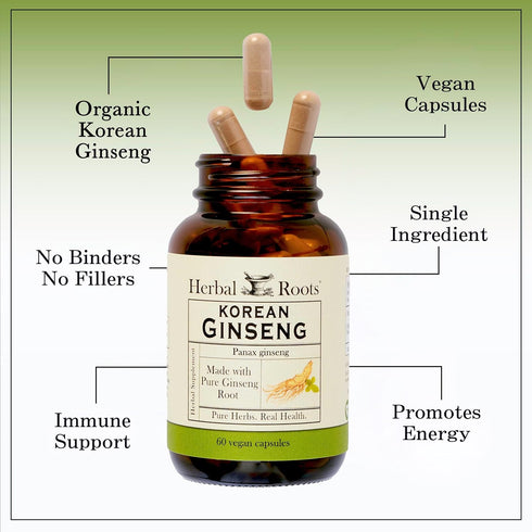 Herbal Roots Panax Ginseng | Organic Korean Ginseng Root Powder | 1000mg | High Ginsenosides for Energy & Performance | 60 Vegan Capsules...