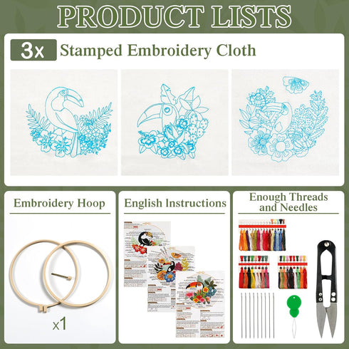 Dremisland 3 Sets Embroidery kit for Beginners Adults Embroidery Starter Kit with Hummingbird Flower Pattern Stamped Cross Stitch Kits DIY Embroid...
