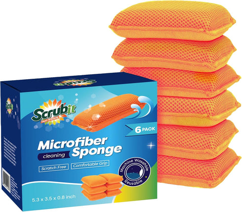 Commercial Miracle Microfiber Kitchen Sponge by Scrub-It - Large - Non-Scratch Heavy Duty Dishwashing Cleaning sponges- Machine Washable- (Orange,...