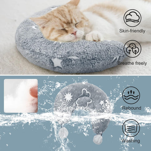 Happi N Pets Large Cat Pillow for Indoor Cats, Fluffy & Cozy Cat Calming Pillow with Two Toy Balls, Luminous Cat neck pillow, Half Donut for Joint...