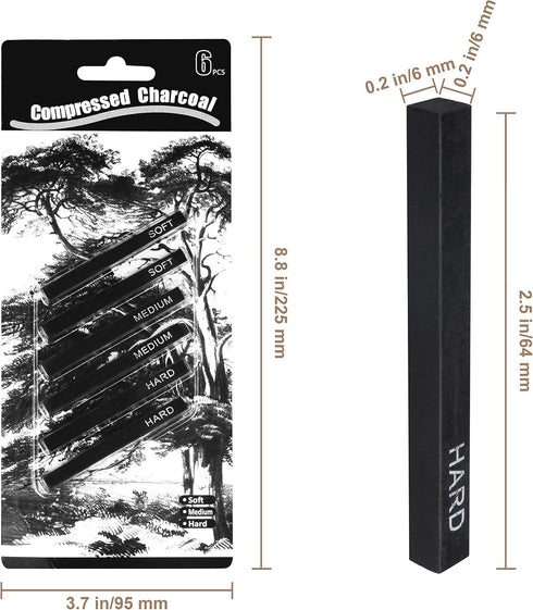 MyLifeUNIT Compressed Charcoal, Square Vine Charcoal Sticks for Drawing, Pack of 6 (2 Soft, 2 Medium and 2 Hard)...