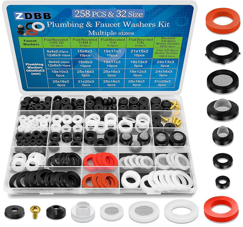 32 Size 258 Pcs Hose Spigot Repair Washer Assortment Kit for Assorted Outdoor Faucet Garden Hose Valve Stem Worn Out Plumber Outside Faucet Bib Sh...