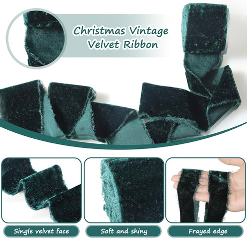 3 Roll Christmas Silk Velvet Ribbon, Vintage Velvet Wrapping Ribbon Raw Edge Fringe Ribbon for Xms Bow Wreath Wrapping Floral Bouquets Total 9 Yar...