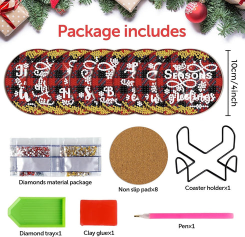 8 Pcs Christmas Word Diamond Art Coasters Kits with Holder Christmas Word Diamond Art Coaster with Cork Bases for Adults Diamond Kits Supplies for...