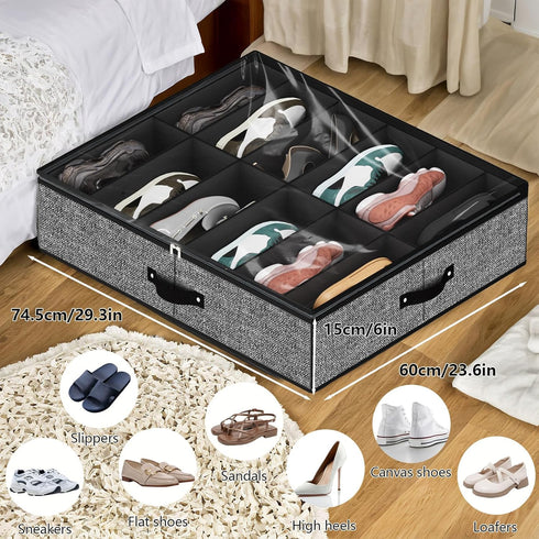 Under Bed Shoe Storage Organizer for Closet Fits 24 Pairs-Sturdy Underbed Shoe Storage Box Bins,Set of 2 (Linen-like Black)...
