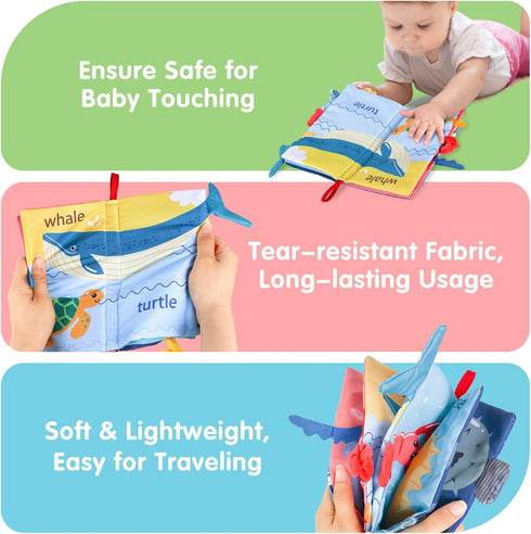 iPlay, iLearn Baby Cloth Books 6-12 Month, Infant Soft Touch Feel Marine Farm Animal Fabric Book Set, Newborn Carseat Crib Crinkle Toy, Babies Bir...